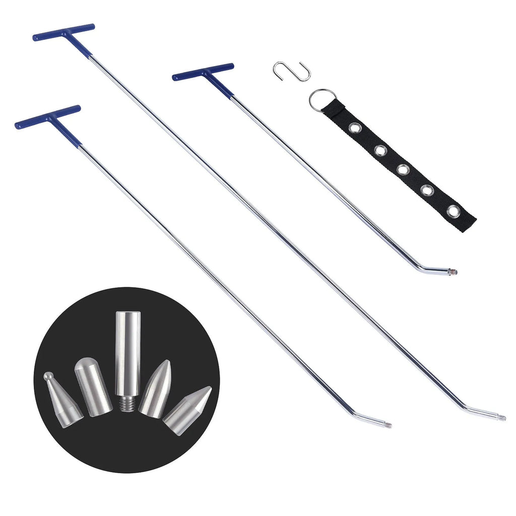 Three alloy steel car dent repair tools with hook crowbar designs on grey background