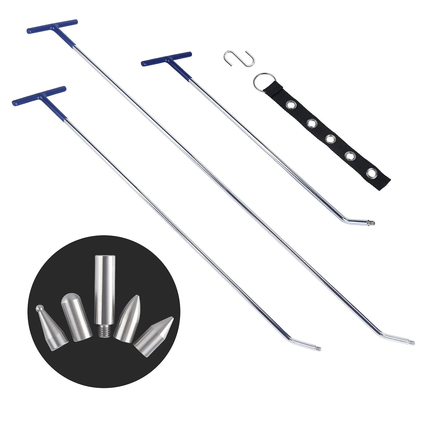 Three alloy steel car dent repair tools with hook crowbar designs on grey background