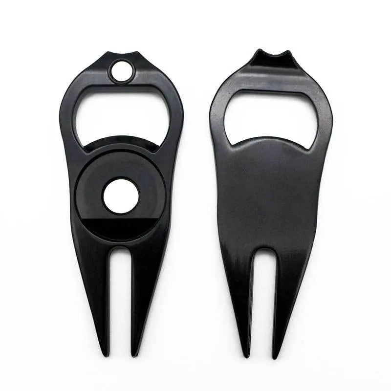 Zinc alloy golf ball yoke bottle opener tool in black, green, or silver with 88 x 35mm dimensions