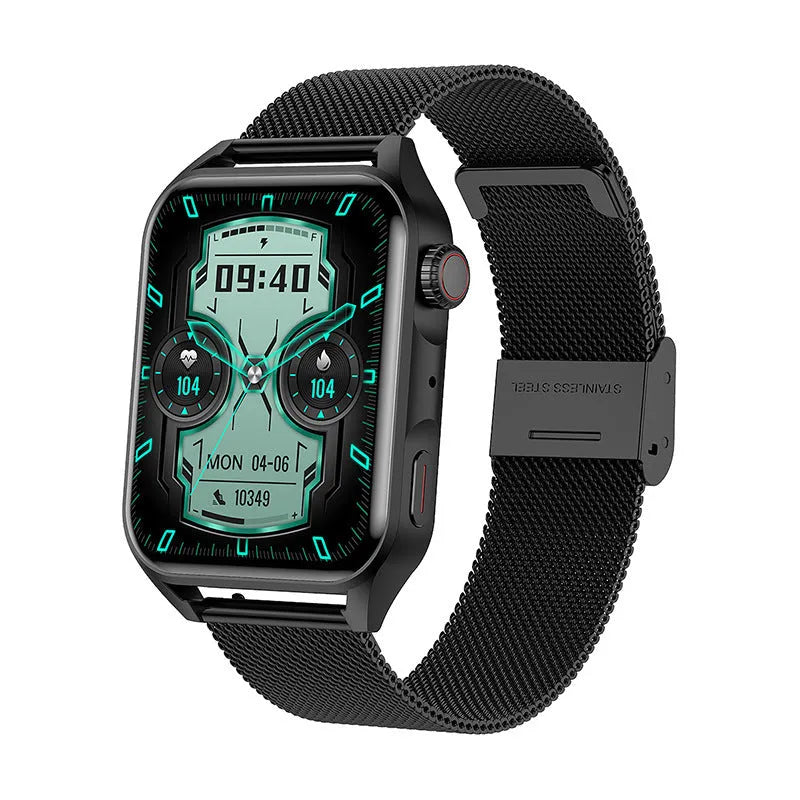 Smart watch with AMOLED display and silicone strap showing multiple watch face designs