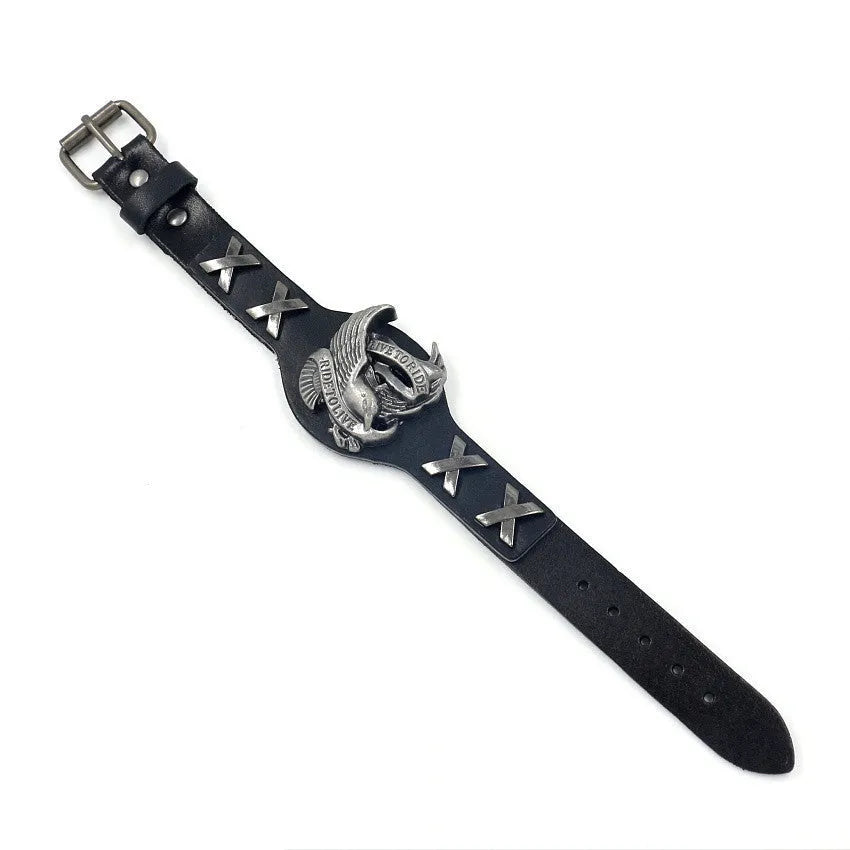 Black leather geometric bracelet with an alloy eagle clasp on a wrist.