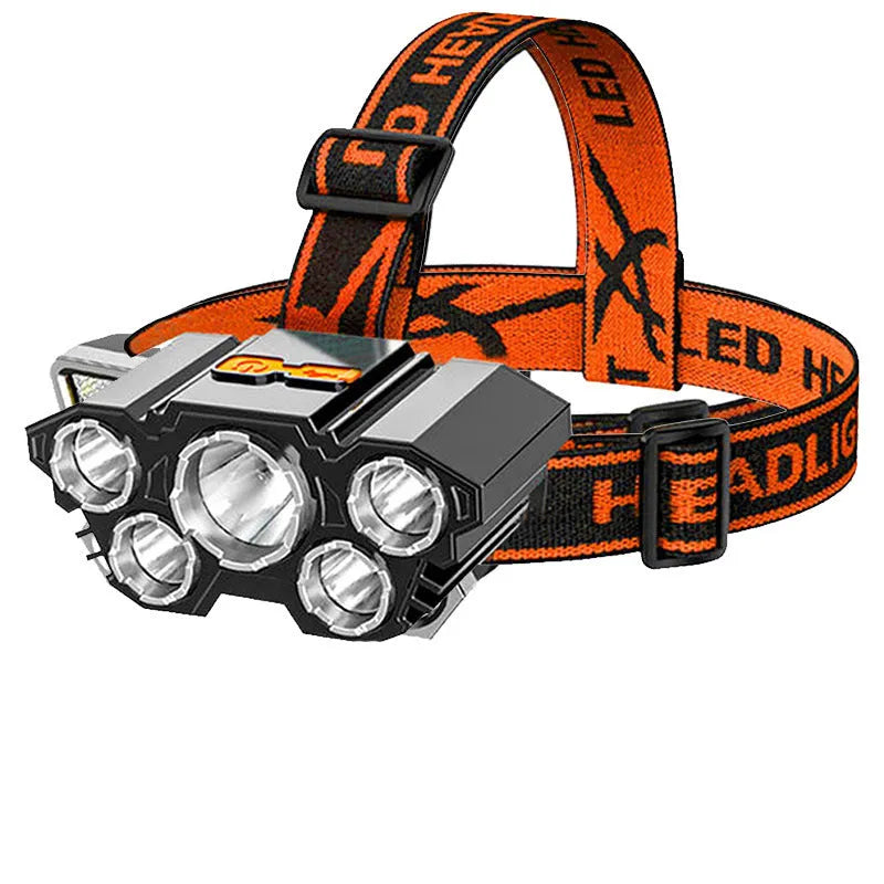 10W rechargeable LED miner's headlamp with head strap, made from black PVC, shown with data cable and colour box.