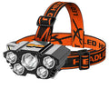 10W rechargeable LED miner's headlamp with head strap, made from black PVC, shown with data cable and colour box.