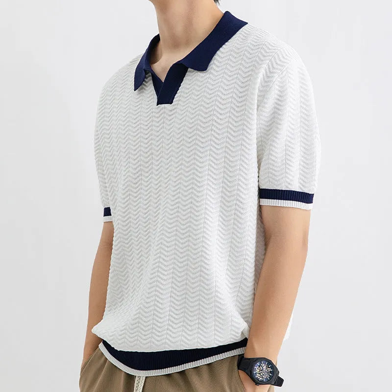 Men's ice silk polo shirt short sleeve regular fit striped pattern in dark green