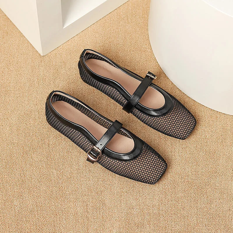 Women's beige mesh summer hiking shoes with square toe and buckle, flat low heel.