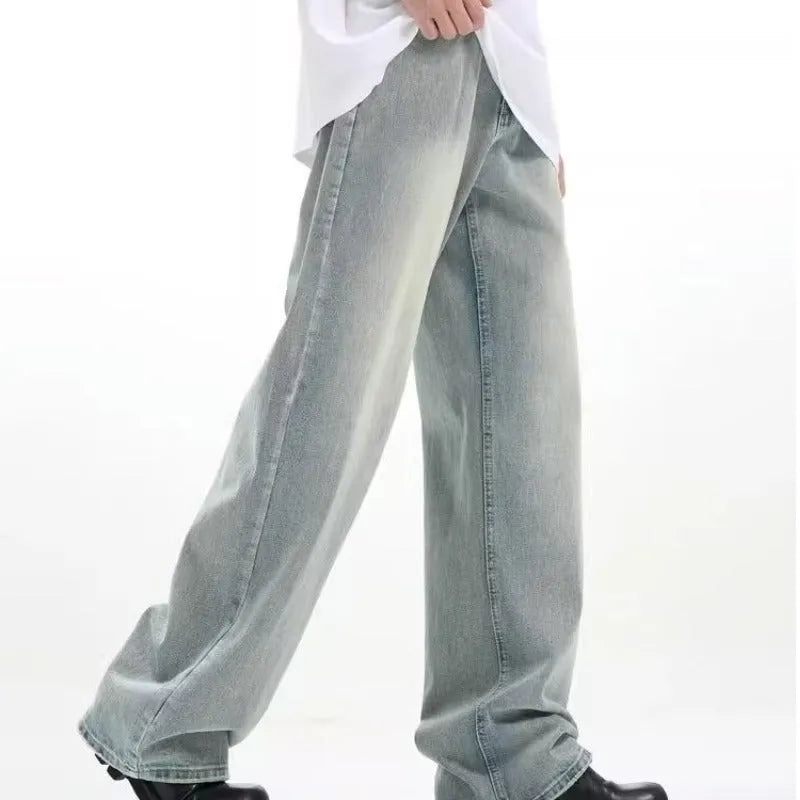 Blue retro trousers with loose fit and rabbit fur fabric composition on size chart