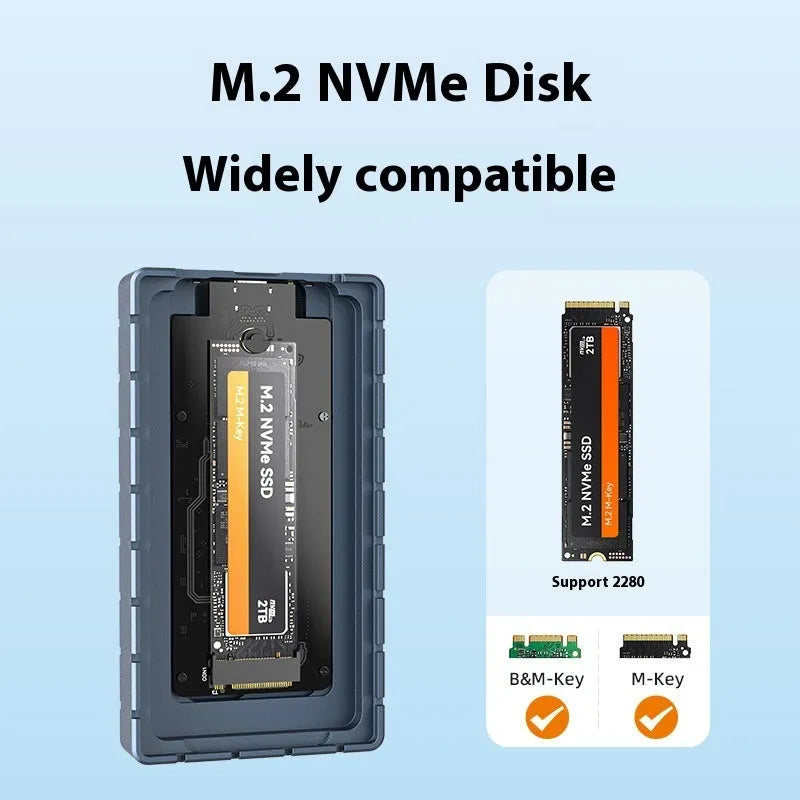 Silver aluminium USB4 hard disk box with connectors, shown next to a notebook computer