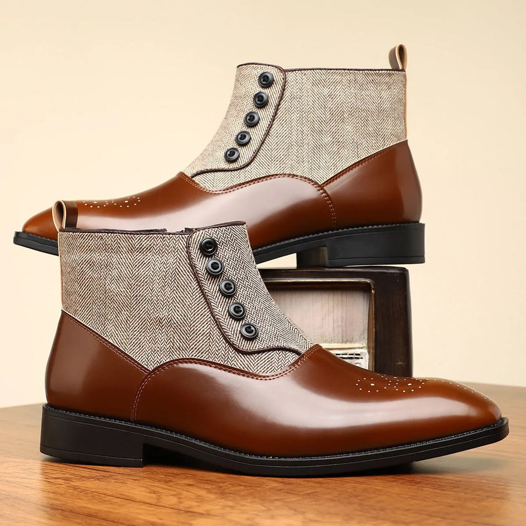 Men's brown retro style formal shoes with side zip and square toe