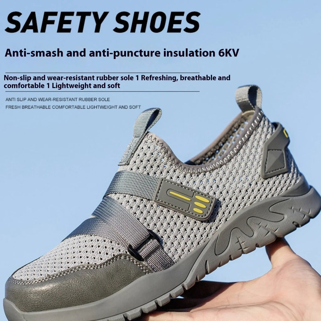 Men's grey insulation safety shoes with flying woven upper and rubber sole for work protection
