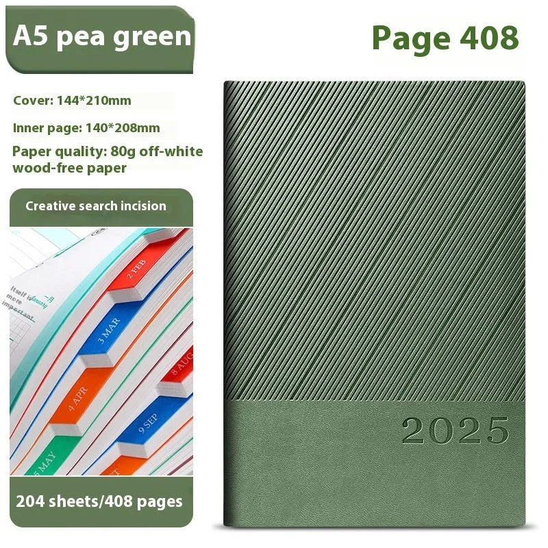 Thick office notepad with striped PU leather cover showing 204 sheets of 80g wood-free paper