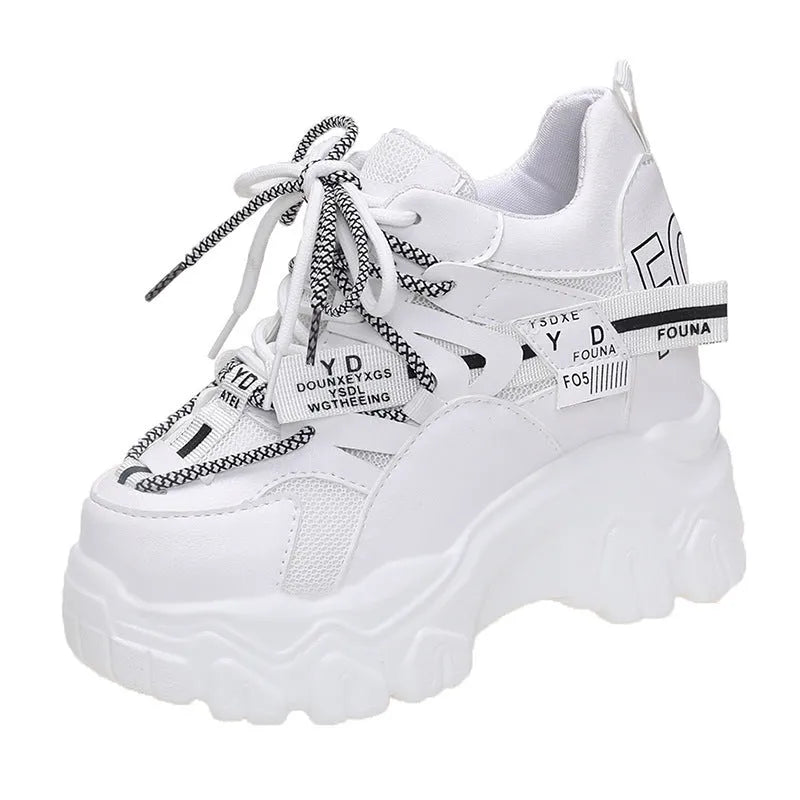 Women's white mesh platform sports shoes with cross-strap design and rubber sole