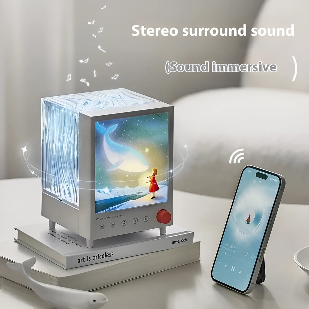 Aurora Treasure Box projection lamp projecting Star Sea Whale light pattern with Bluetooth speaker functionality