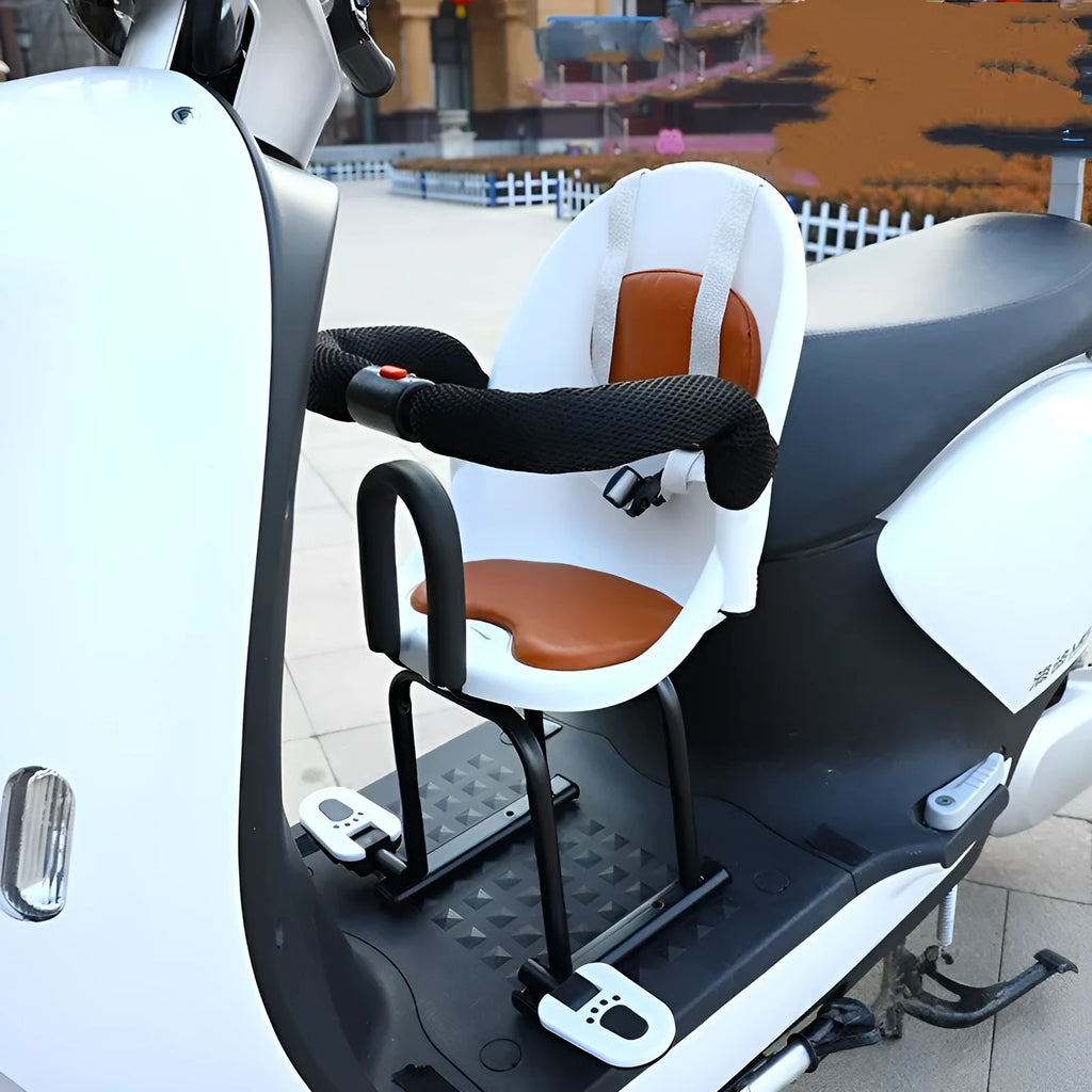 Front-mounted high carbon steel child seat for an electric scooter, shown in red colour.