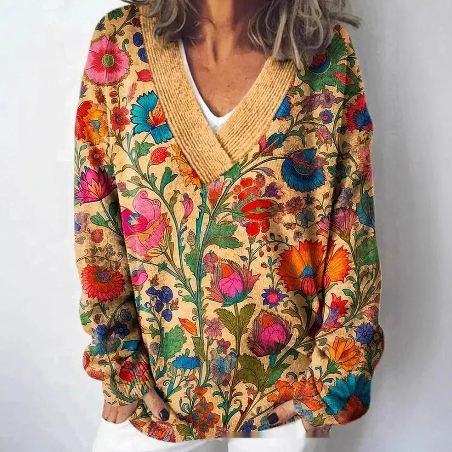 Women's V-neck floral print sweatshirt with 3D effect and long sleeves in art retro style.