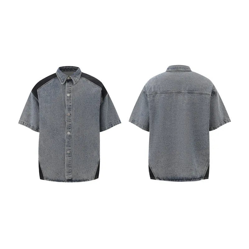 Personalised retro washed denim suit set with short-sleeved jacket and matching trousers.
