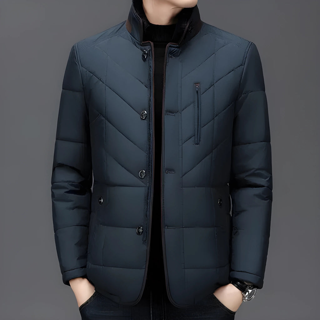 Men's dark blue cotton-padded winter short coat with side seam pockets