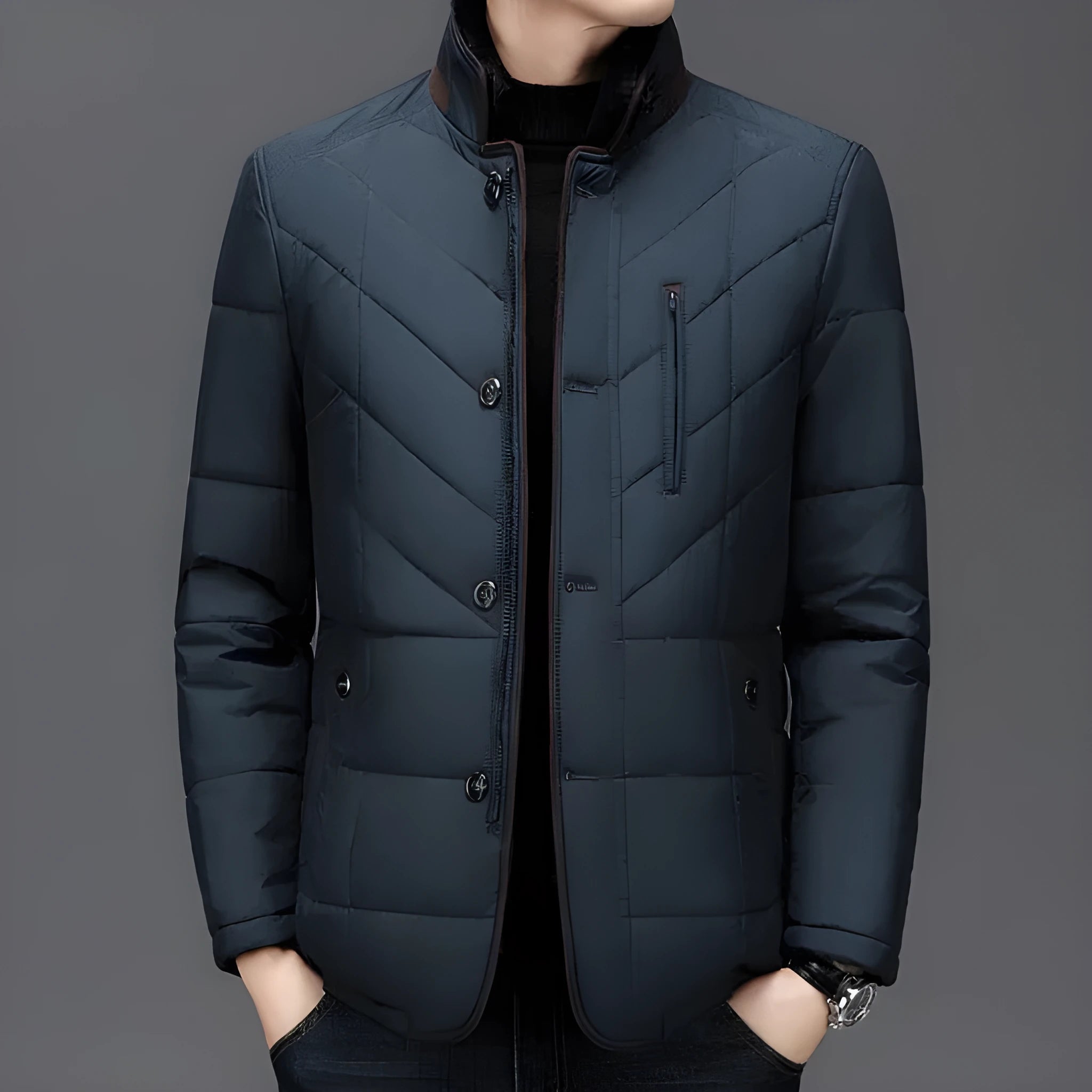 Men's dark blue cotton-padded winter short coat with side seam pockets