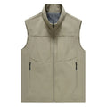 Men's loose fit stand collar polyester cardigan vest in khaki colour with zippered pockets.