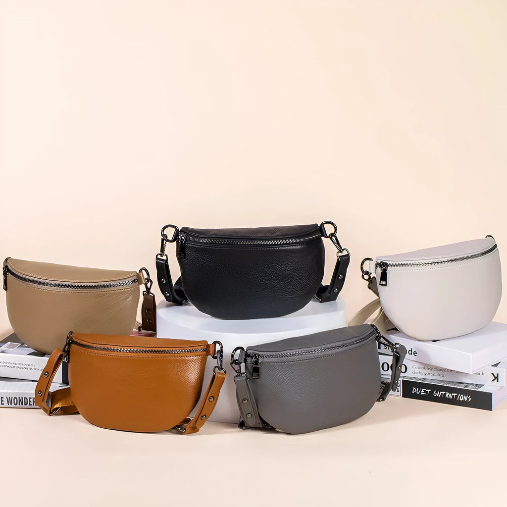 Genuine leather women's messenger bag with sewing thread detail in beige colour
