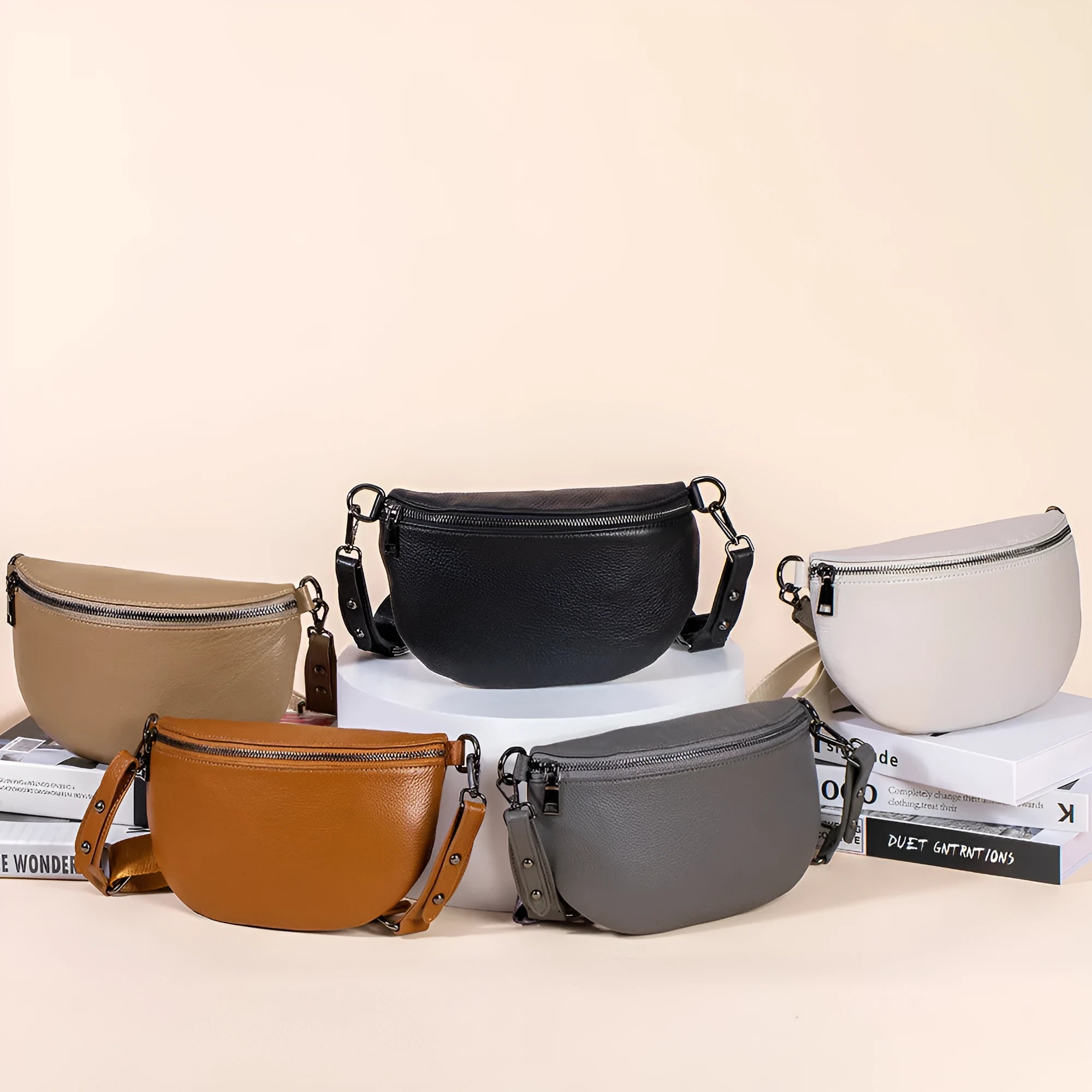 Genuine leather women's messenger bag with sewing thread detail in beige colour