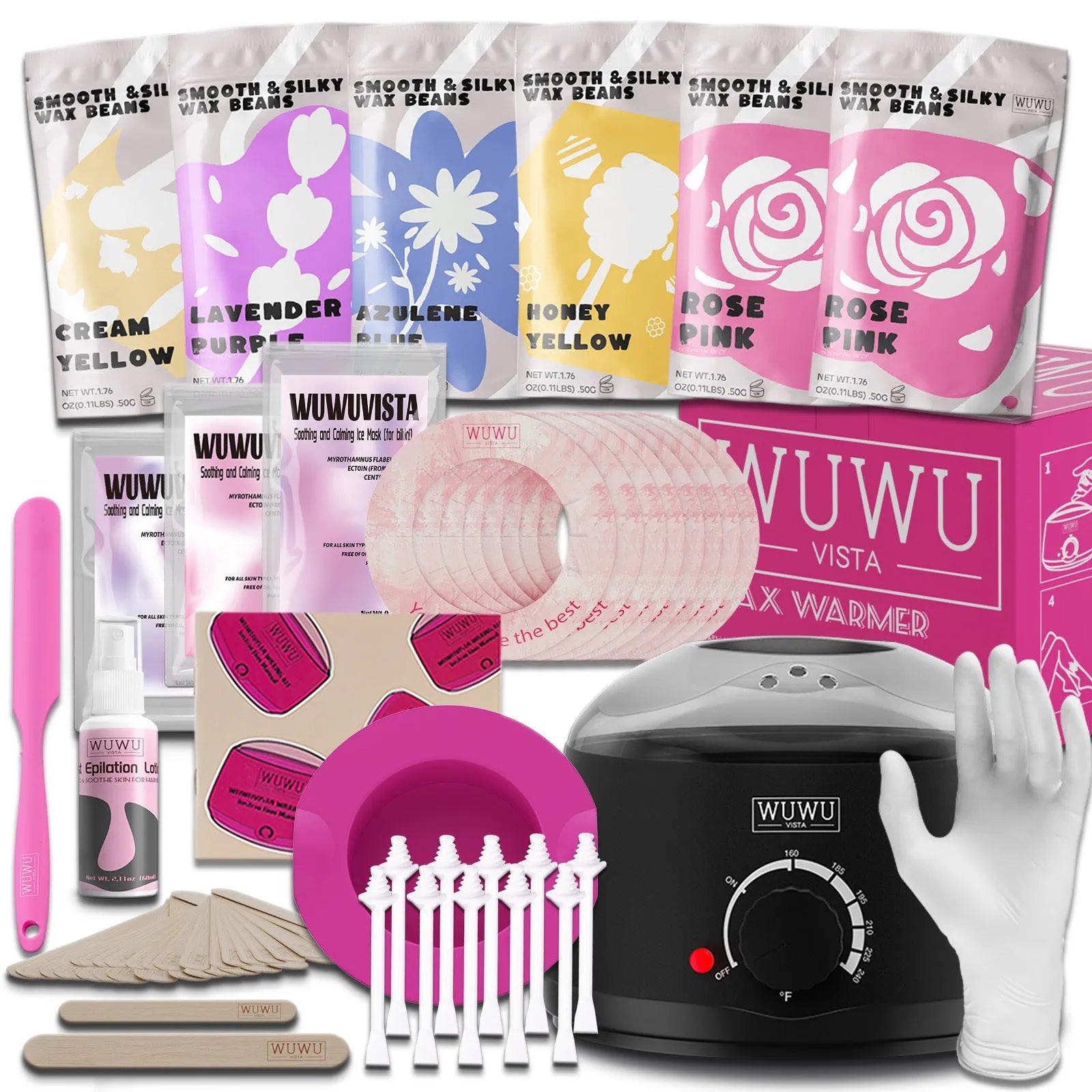 WUWUVISTA 56 piece professional waxing kit with black wax warmer, coloured wax beads, applicators, and aftercare products
