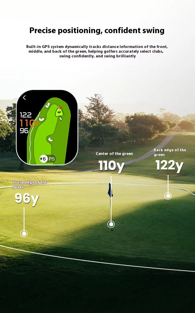 GenePro G1 golf laser rangefinder with GPS showing AMOLED touchscreen display and compact black design