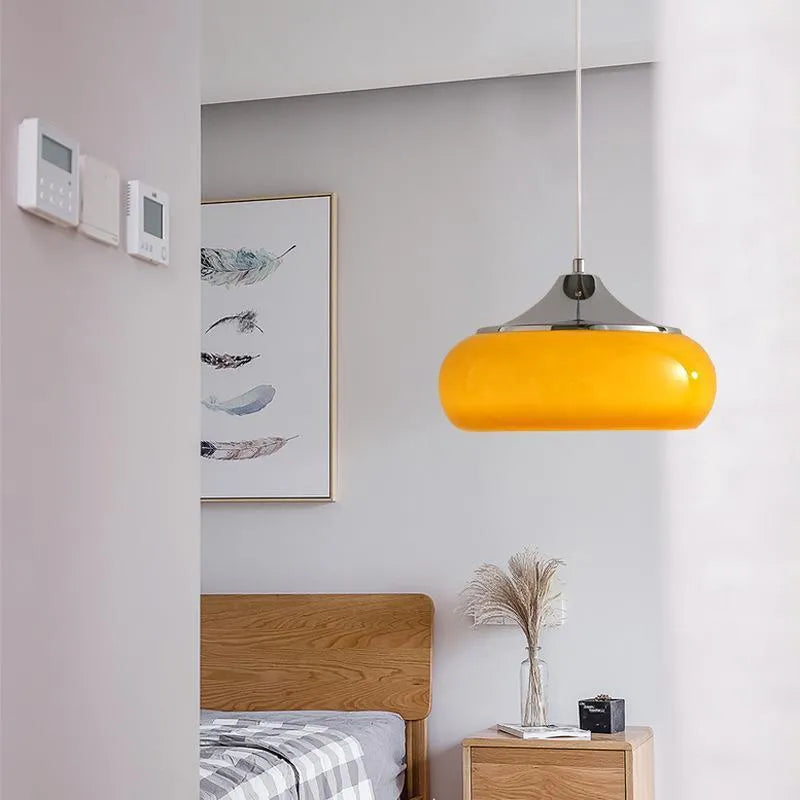 Bauhaus style three headed egg tart pendant light with glass shades in milky white finish