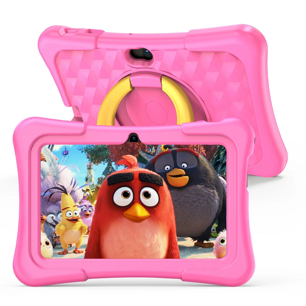 Blue children's educational tablet with a silicone cover attached, showing the rotating handle bracket on the back.