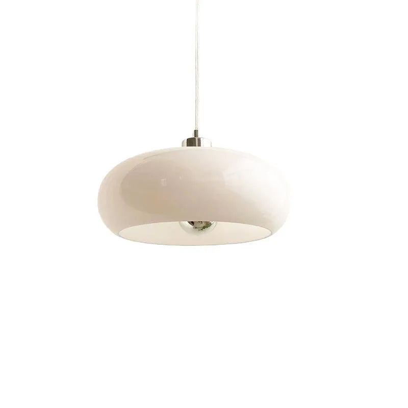Bauhaus style three headed egg tart pendant light with glass shades in milky white finish