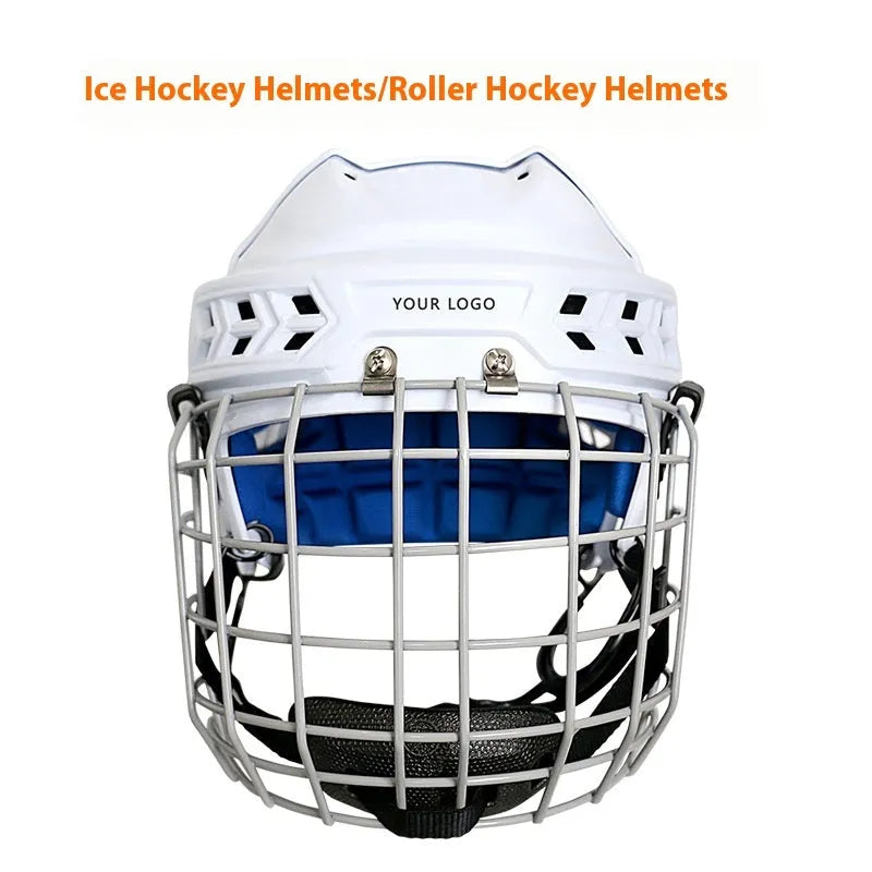 Ice hockey helmet with carbon steel face mask for head protection in sizes S M L XL.