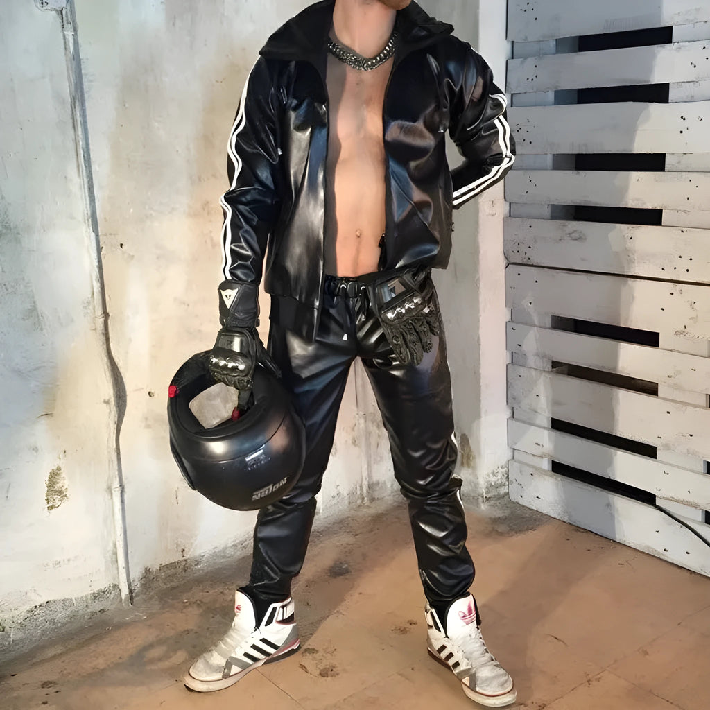 Men's black hooded PU leather sports set with jacket and trousers, long sleeves, autumn wear