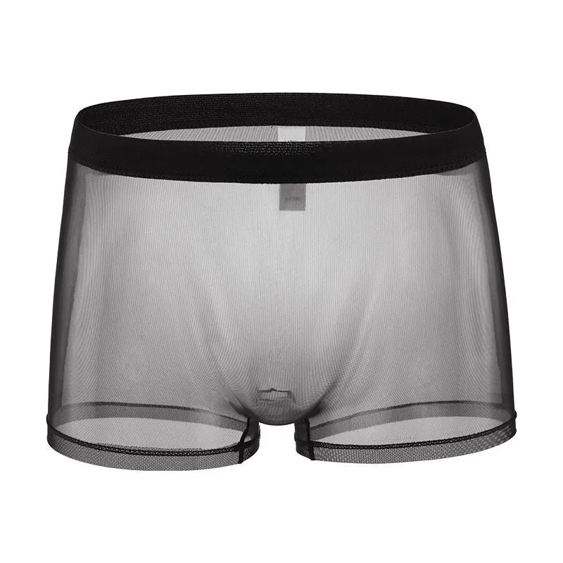 Men's low-waist mesh boxer briefs in thin sheer fabric showing colour options including black, white, green, and sapphire blue