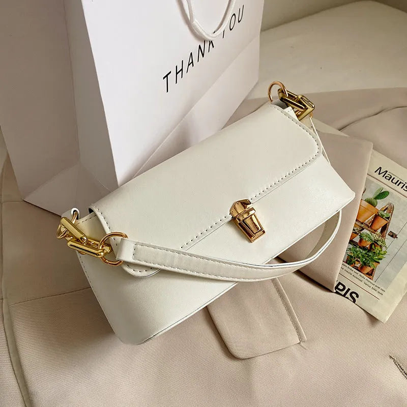 Brown French casual underarm bag with single shoulder chain, showing horizontal square shape and sandwich pocket design