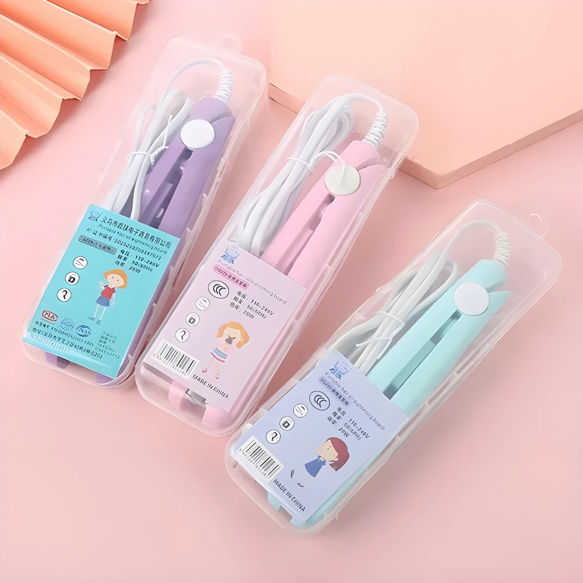 Mini hairdressing splint hair straightener in chosen colour with its storage box, for styling bangs and fringes.