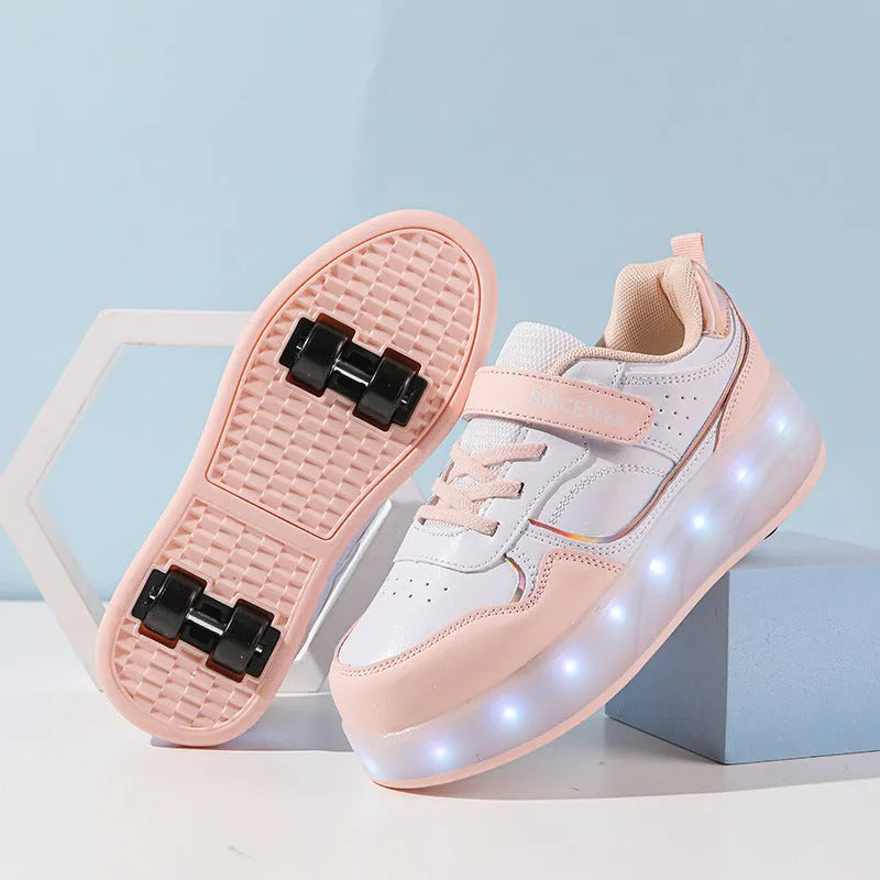 Electric roller skates with USB charging port in pink, white, black, or purple colours