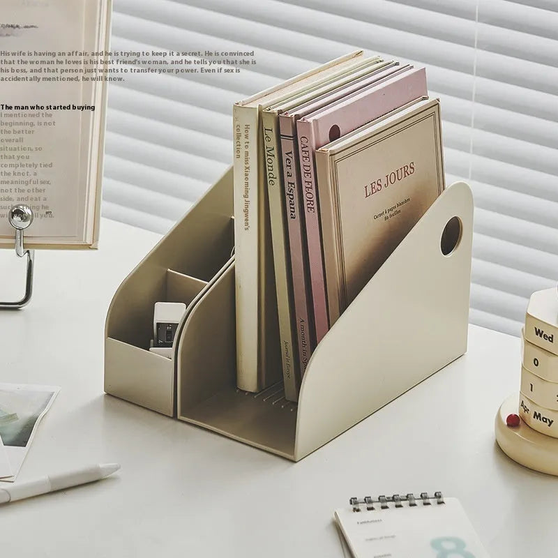 Desktop storage box with two grids for documents and stationery in milk coffee colour