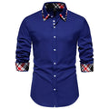 Men's plaid triangle collar long sleeve shirt in chemical fibre blend fabric