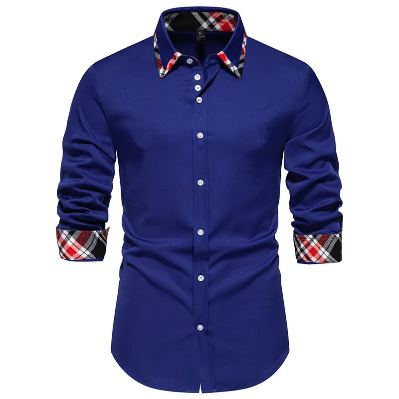 Men's plaid triangle collar long sleeve shirt in chemical fibre blend fabric