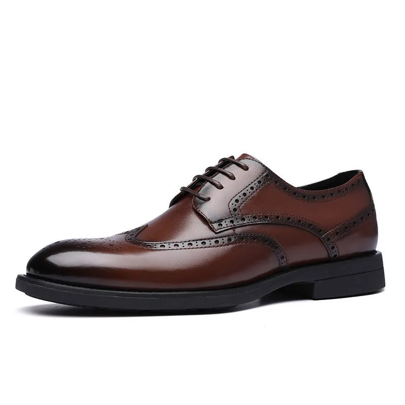 Men's black and brown brogue shoes with wingtip design and perforated detailing for business wear