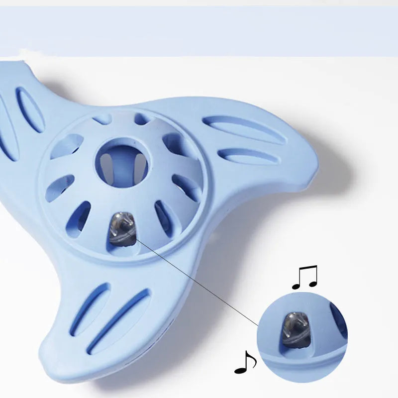 Blue durable rubber boomerang molar dog chew toy for large breed dogs on a white background