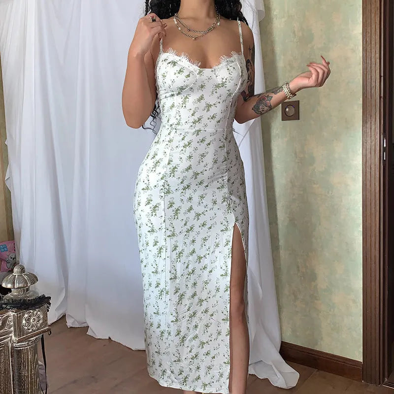 Women's lace floral print long dress with suspender straps and side slit in blue colour