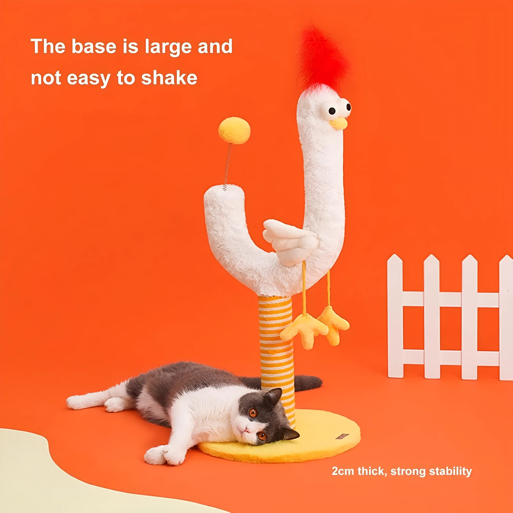 Yellow vertical cat scratching post 88cm tall with sisal rope wrapping and spring ball toy for indoor cats