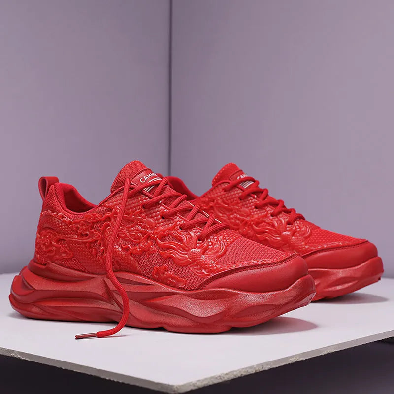 Men's casual sneakers with micro-fibre knit upper and rubber soles in dragon design colours