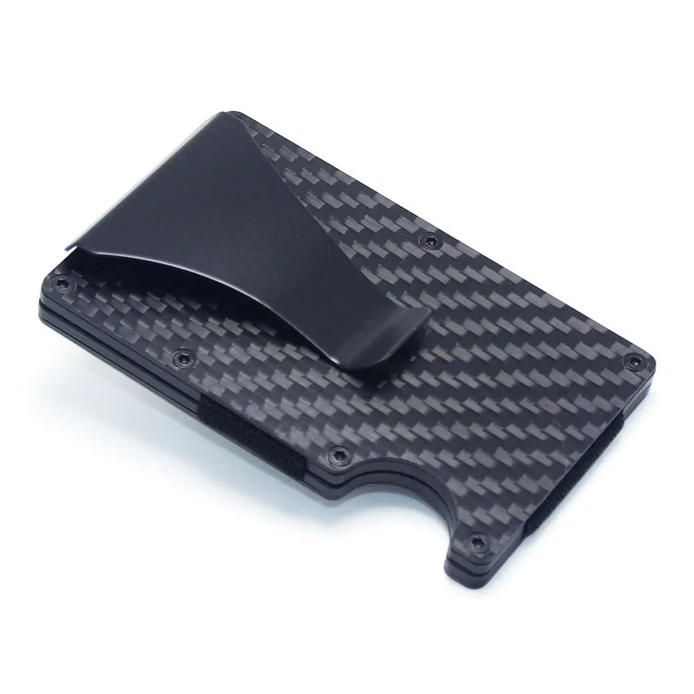 Carbon fibre card wallet in black showing geometry design with multiple card slots at 8mm thickness