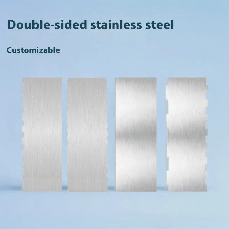 Stainless steel cake scraper with a polygon-patterned edge for decorating, shown with style options 1-6.