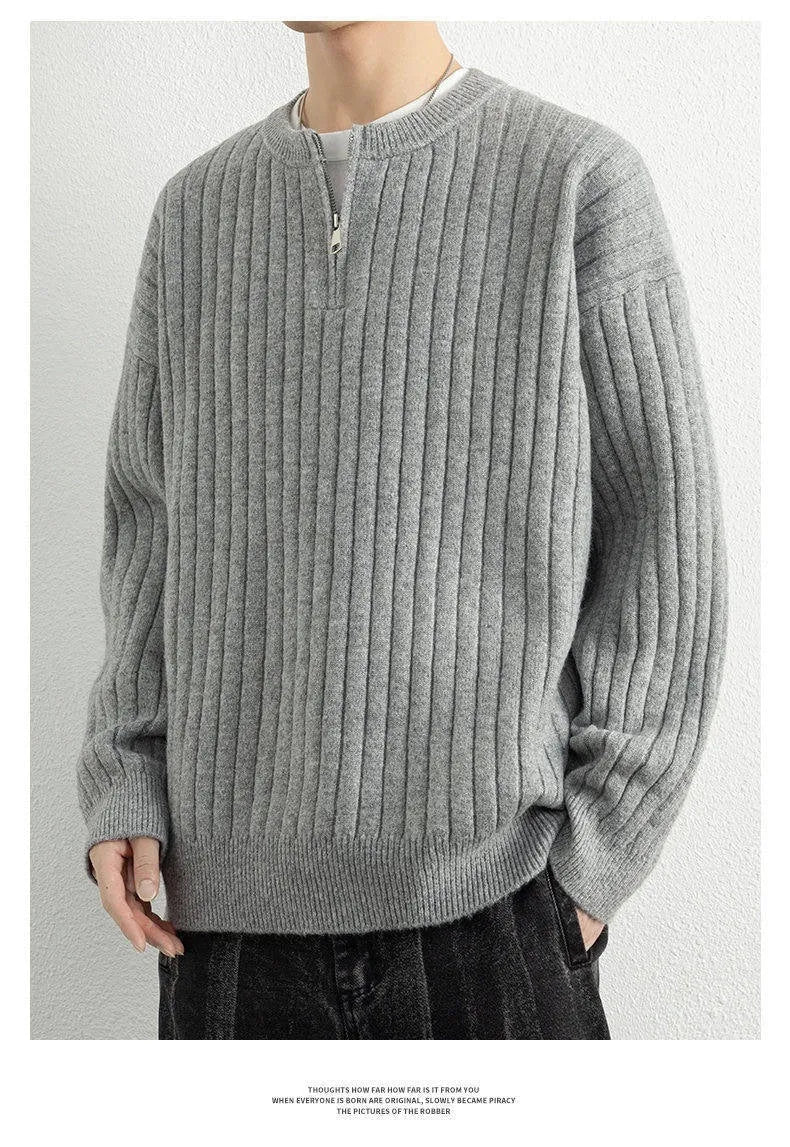 Men's grey loose half zip sweater with textured knit and long sleeves