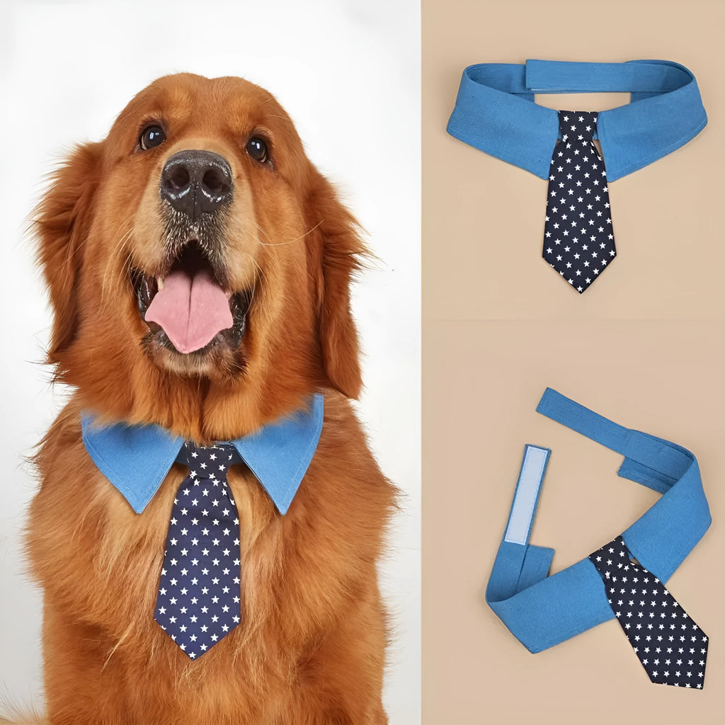 Denim dog collar with star pattern design showing adjustable fastener tape and bow/tie style options