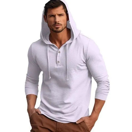 Men's cotton pullover hoodie in dark blue, shown in a European size, with long sleeves.