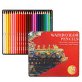 Water-soluble coloured pencils in 24 colours inside a brush iron metal box