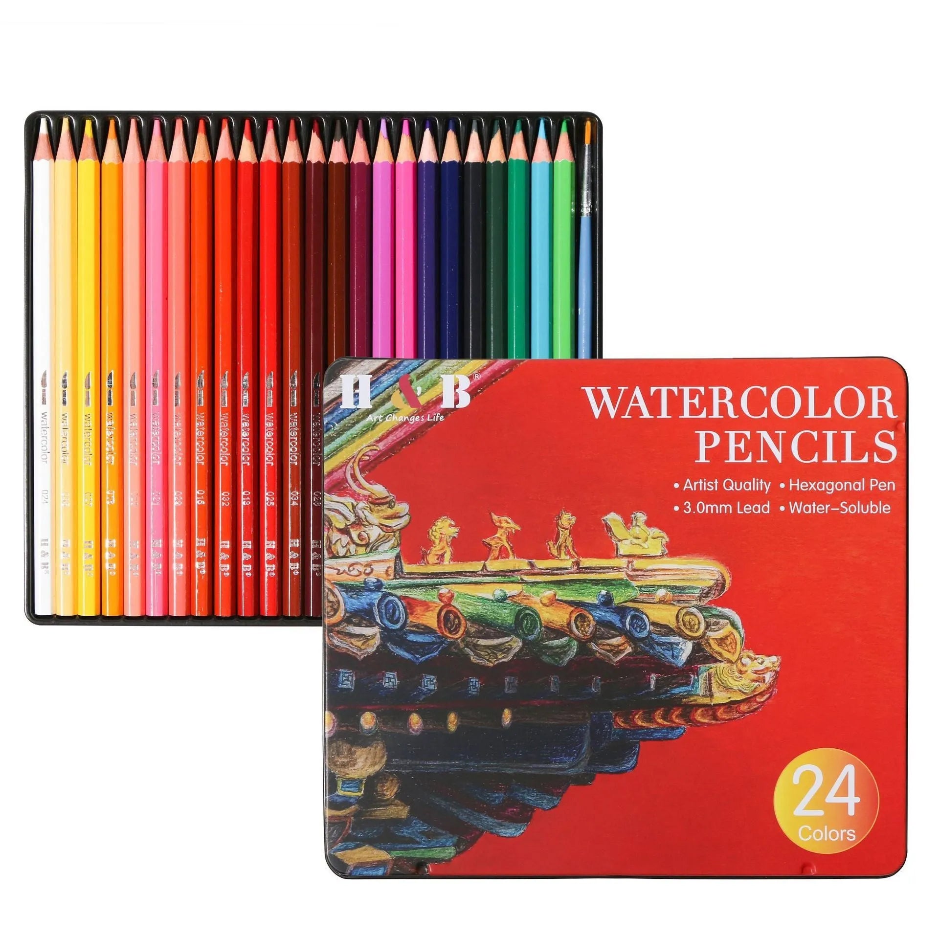 Water-soluble coloured pencils in 24 colours inside a brush iron metal box